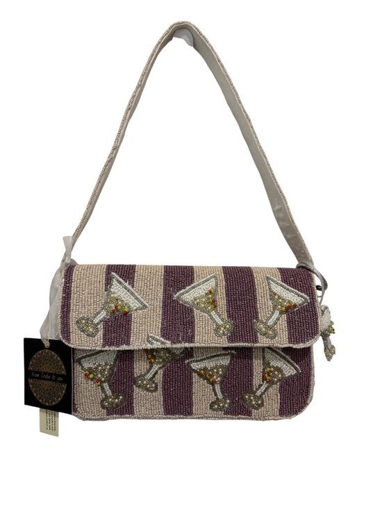 From India To You Handbags - Dirty Martini Olives Striped Beaded Bag with Keychain Charm Handmade India NWT
